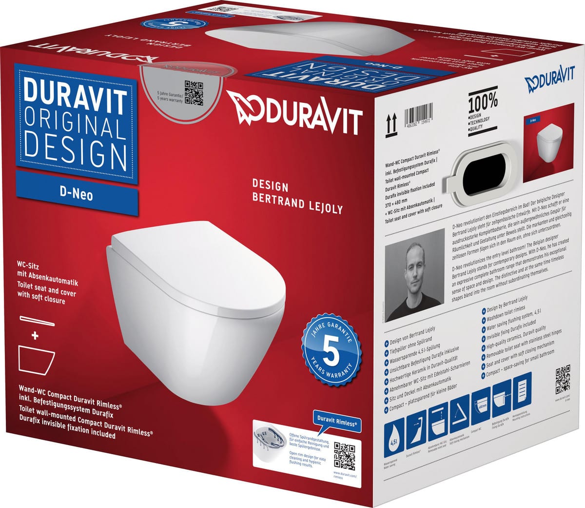 Duravit D-Neo sæt m/væghængt toilet, Rimless og soft close sæde