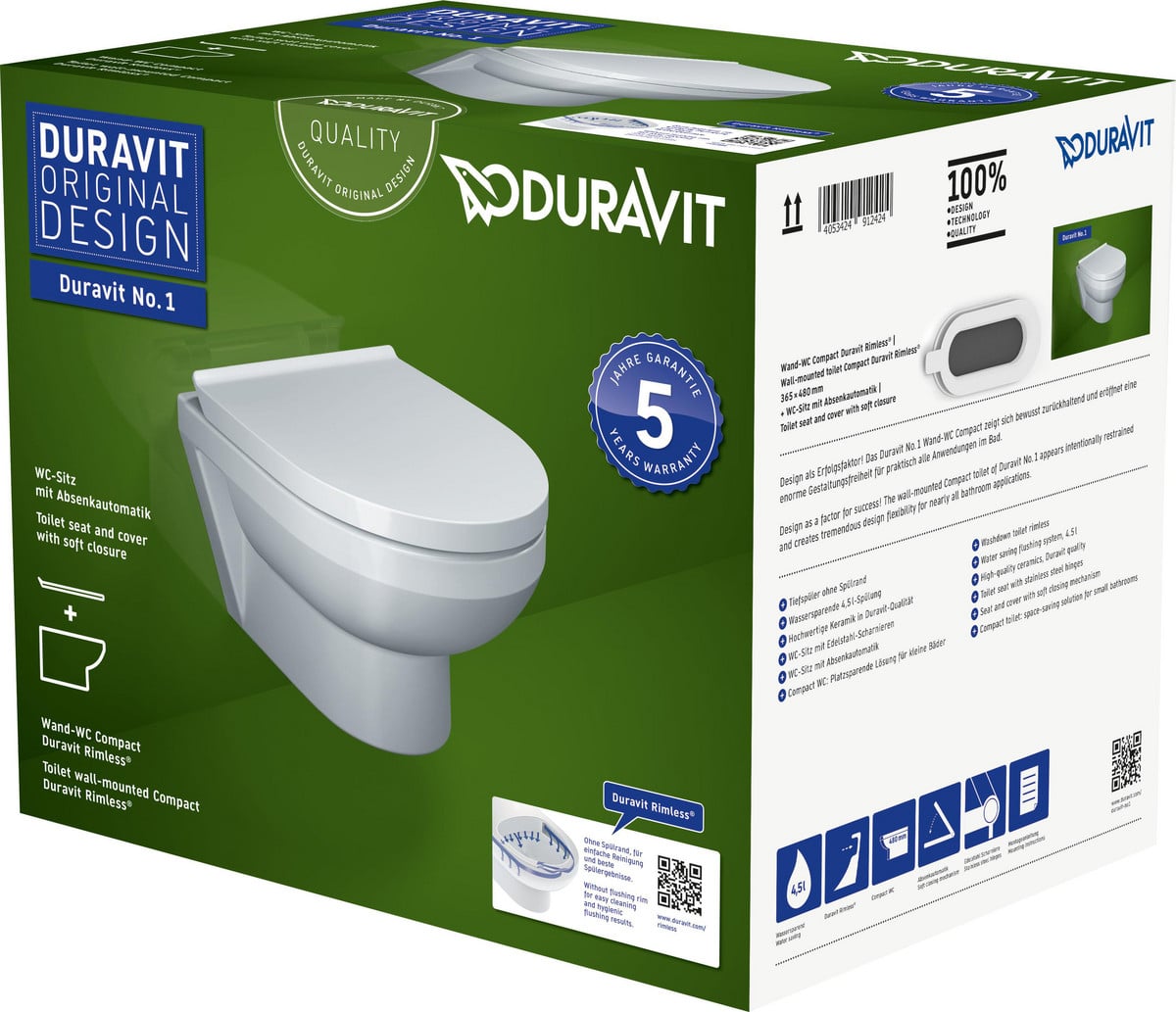 Duravit No. 1 sæt med væghængt toilet Rimless og soft close sæde 540 mm