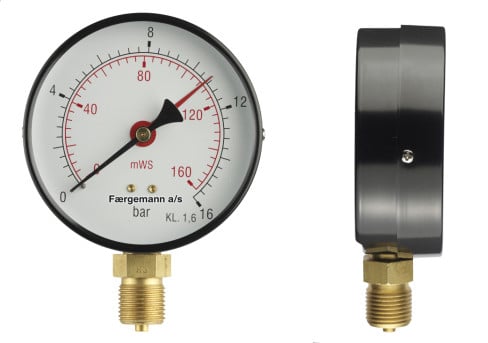 Manometer 38" x ø100 0-10 bar nedadrettet studs
