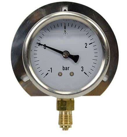 Vakuum-/manometer 38" x ø80, ÷1-5 bar, nedadrettet studs med påsvejst bagflange og glycerin