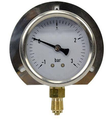 Manometer 38" x ø80, 0-25 bar med glycerin og påsvejst 3-huls bagflange monteret med overgangsnippe
