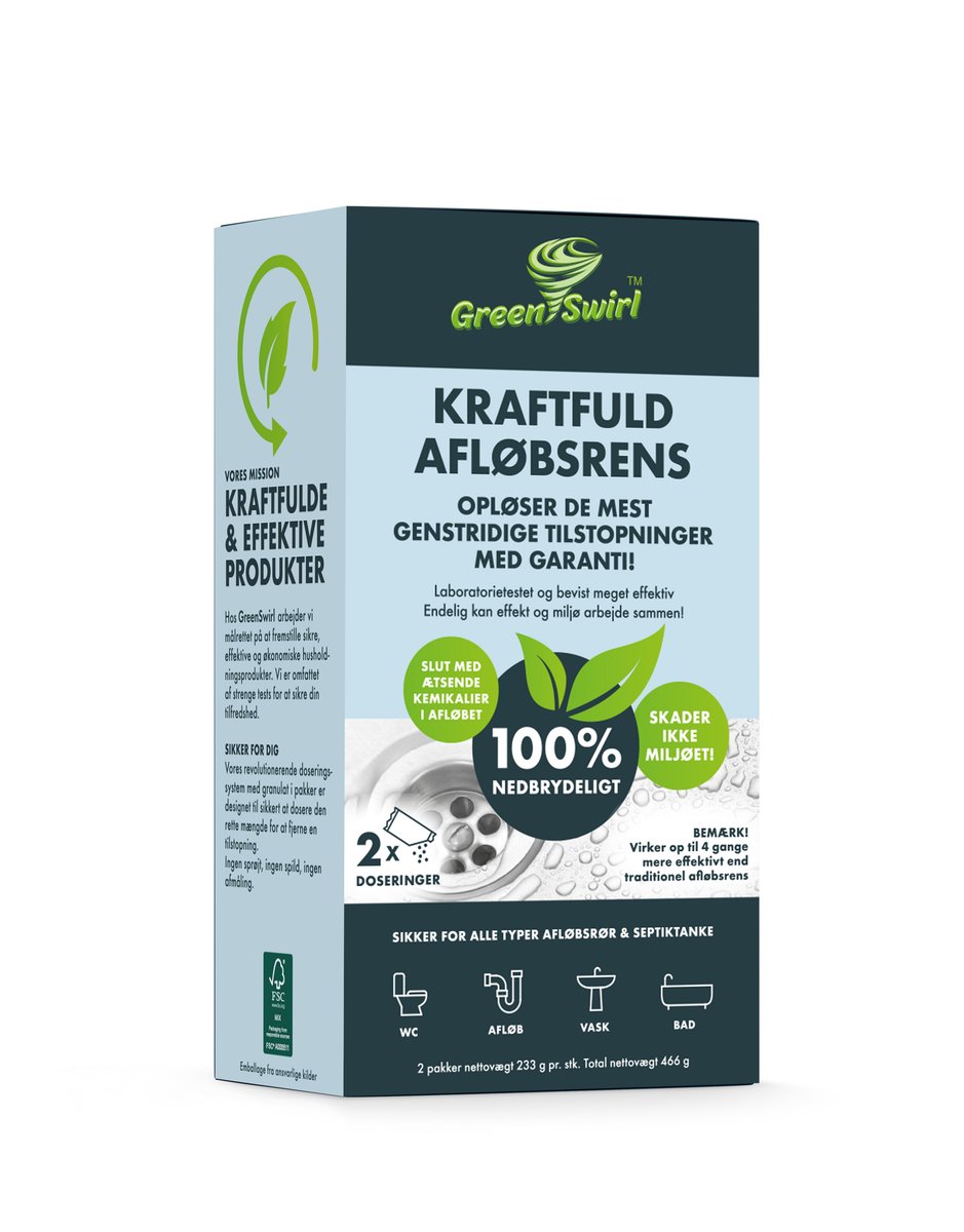 GreenSwirl kraftfuld afløbsrens - 2 doseringsposer a 233 g