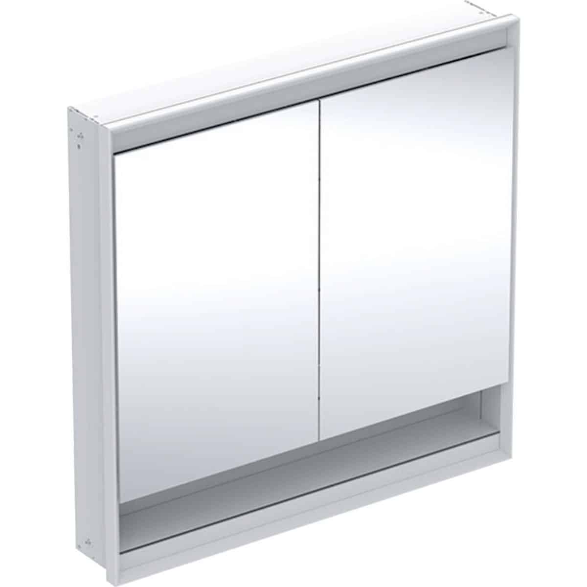 Geberit ONE spejlskab med underhylde og ComfortLight, 2 låger, indbyg., 90 x 90 cm, hvid/alu