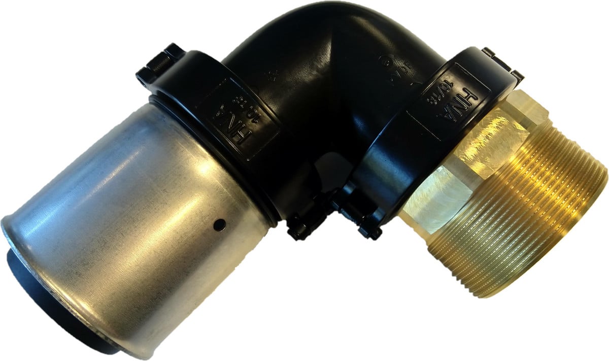 Henco SUPER SIZE pres vinkel 90° PVDF 75 mm x 2 1/2" pres/udvendig gevind