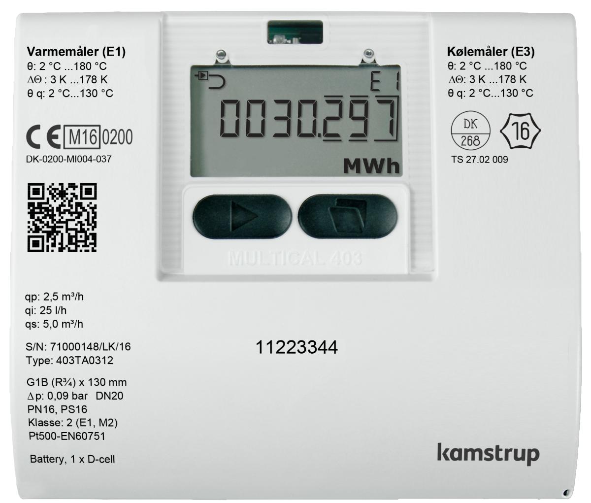 Varmemåler MULTICAL 403 1,5m3/h, 110 mm med batteri, retur
