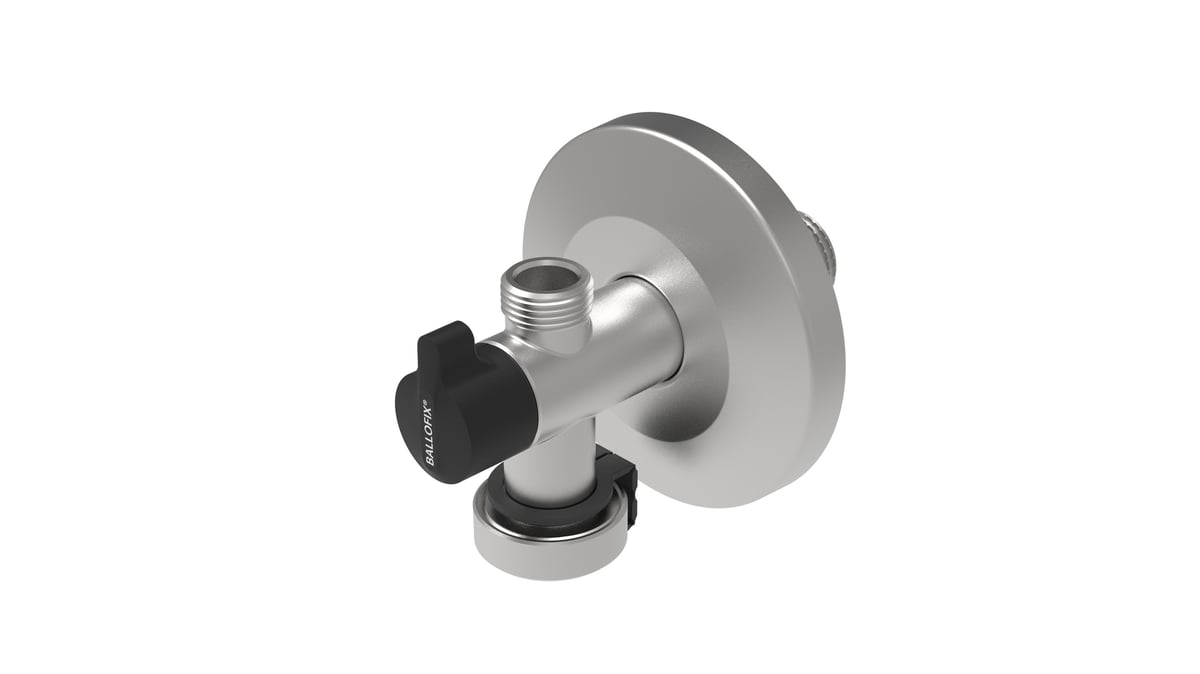 Broen Ballofix rustfri dobbelt vinkelventil 3/4" x 1/2" x 3/8" med kontraventil, greb og roset