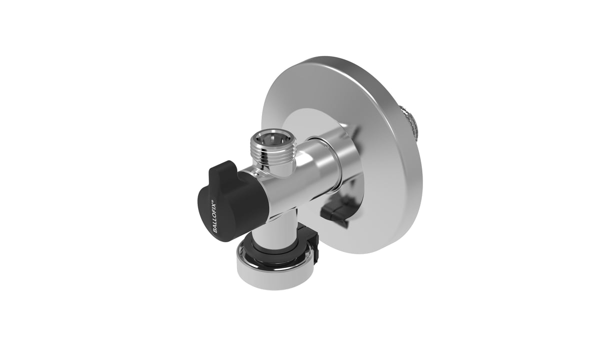 Broen Ballofix krom dobbelt vinkelventil 3/4" x 1/2" x 3/8" med kontraventil, greb og roset