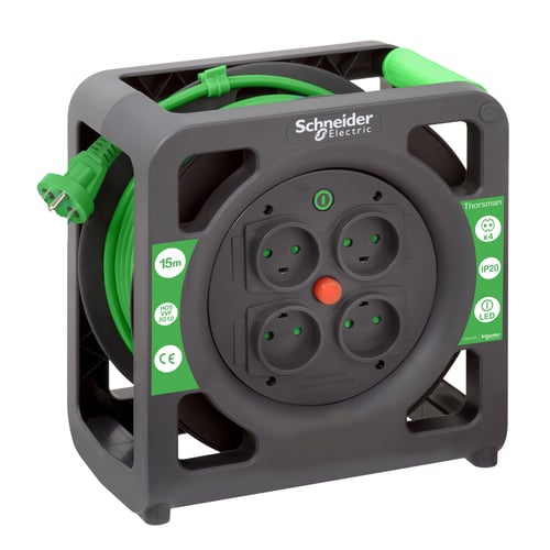 Thorsman kabeltromle 3g1,0mm15 m 4 udtag sort/grøn